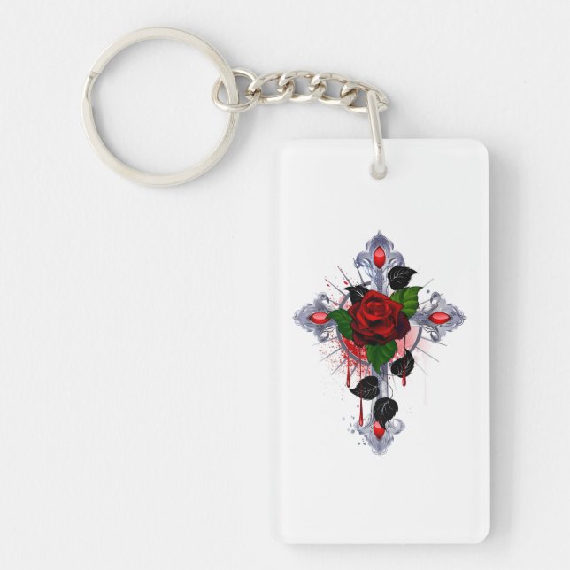 Llavero Cruz de Plata con una Rosa Roja (Frente)