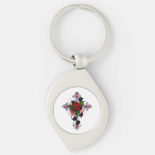 Llavero Cruz de Plata con una Rosa Roja