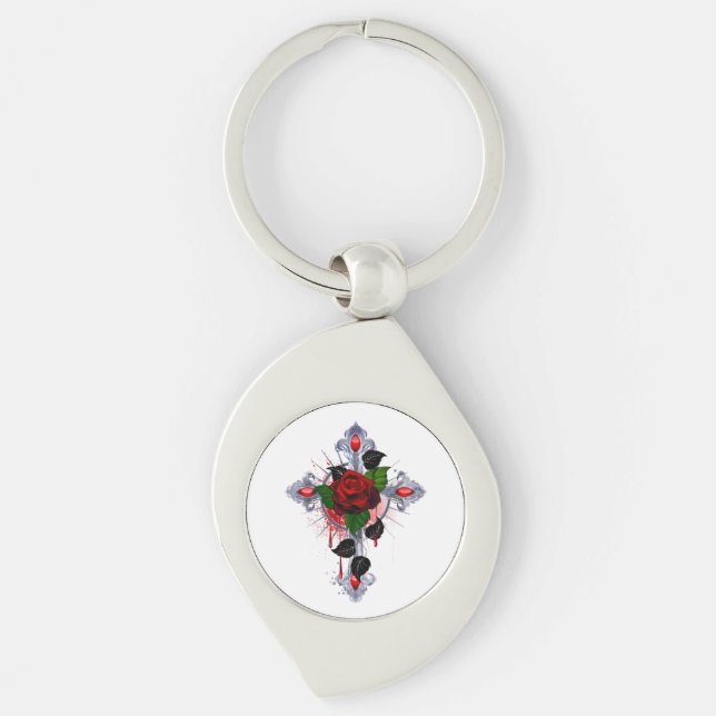 Llavero Cruz de Plata con una Rosa Roja (Anverso)
