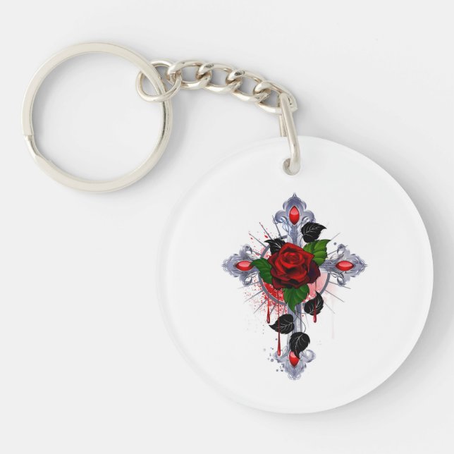 Llavero Cruz de Plata con una Rosa Roja (Frente)