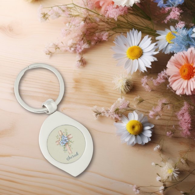 Llavero Cruz floral azul acuarela personalizada (Watercolor Blue Floral Cross Personalized Keychain
)