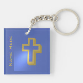 Llavero Cruz religiosa cristiana Gold personalizada Azul