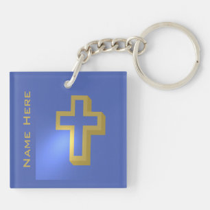 Llavero Cruz religiosa cristiana Gold personalizada Azul
