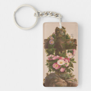 Llavero Cruz rústica antigua, rosas silvestres, tarjeta de
