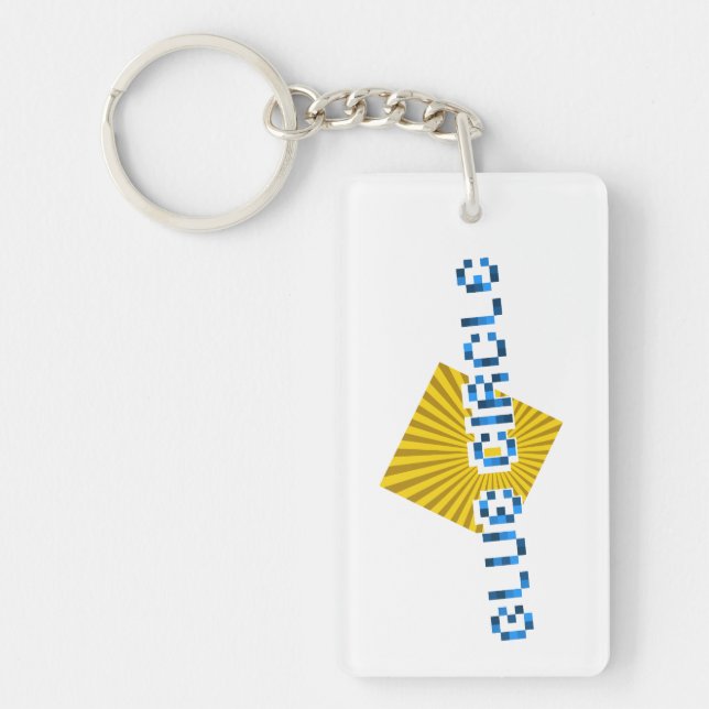 Llavero Cuadrado amarillo con vigas y texto de píxeles opu (Frente)
