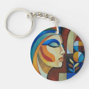 Llavero cuadrado de arte abstracto cubista mujer