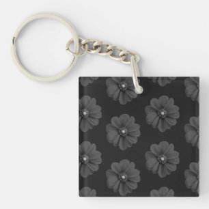 Llavero cuadrado de patrón floral negro