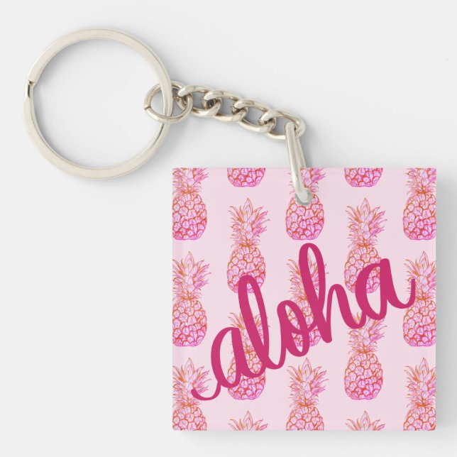 Llavero cuadrado de piña rosa Aloha Mini (Frente)