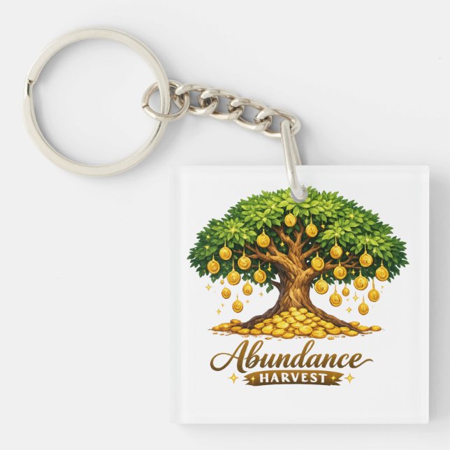 Llavero Cuadrado del Árbol de Monedas de Oro (Frente)