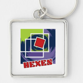 Llavero Cuadrados de resumen verde y púrpura con texto de