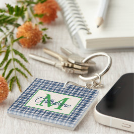Llavero Cuadro de Gingham Azul y Verde Tartán Monograma