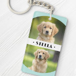 Llavero Cuatro fotos de perros mascotas iluminan los borde<br><div class="desc">Anillo de claves con las fotos de sus personalizados y el nombre de sus mascotas con azul acuático claro (o color personalizado),  bordes curvados arriba y abajo. Puedes añadir cuatro fotos diferentes. Cambie los colores y las fuentes,  mueva y redimensione las fotos en la herramienta de diseño.</div>