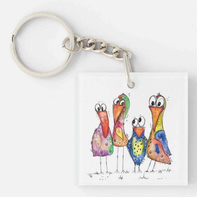 Llavero Cuatro pájaros alegres y coloridos (Frente)
