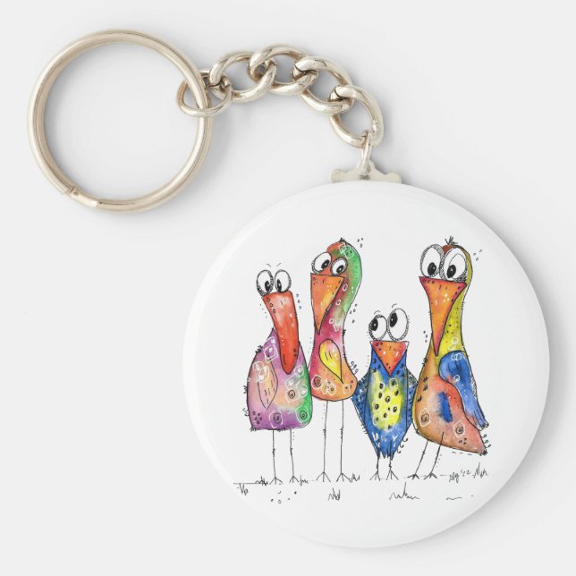 Llavero Cuatro pájaros alegres y coloridos (Frente)