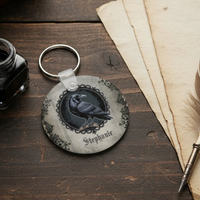 Llavero Cuervo gótico con nombre (Gothic Raven personalized keychain)