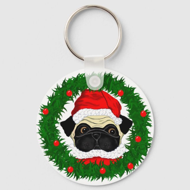 Llavero Cuidados Navidades pug Santa en guirnalda (Anverso)