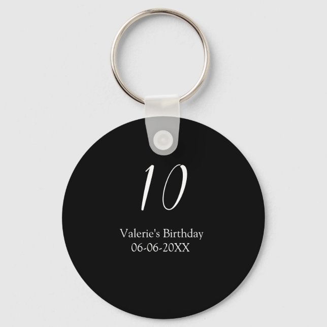 Llavero cumpleaños 10 nombre fecha caligrafía blanco negro (Anverso)