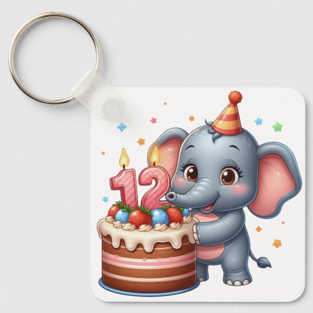 Llavero Cumpleaños 12 de elefante lindo (Anverso)