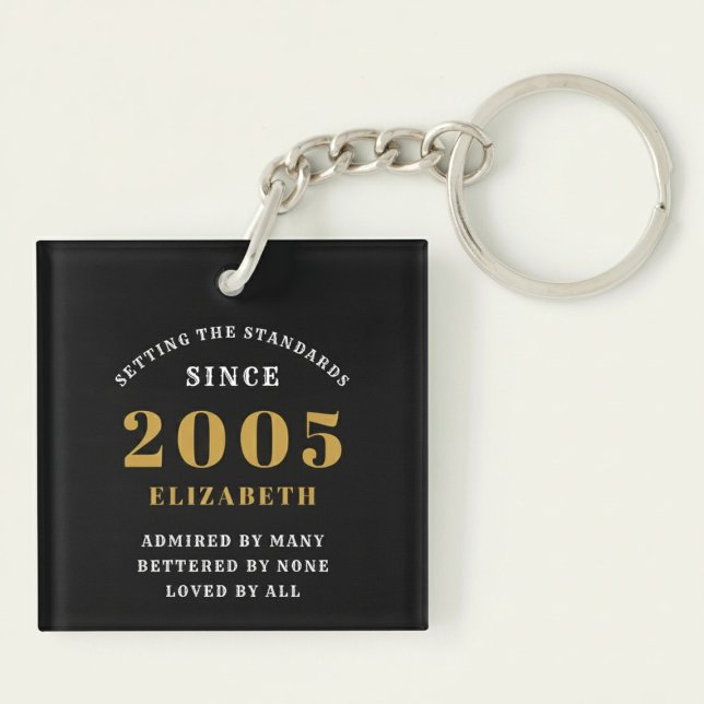 Llavero Cumpleaños 21 2005 Personalizado Negro Oro (Born 2005 birthday keychain. Pastel background.)