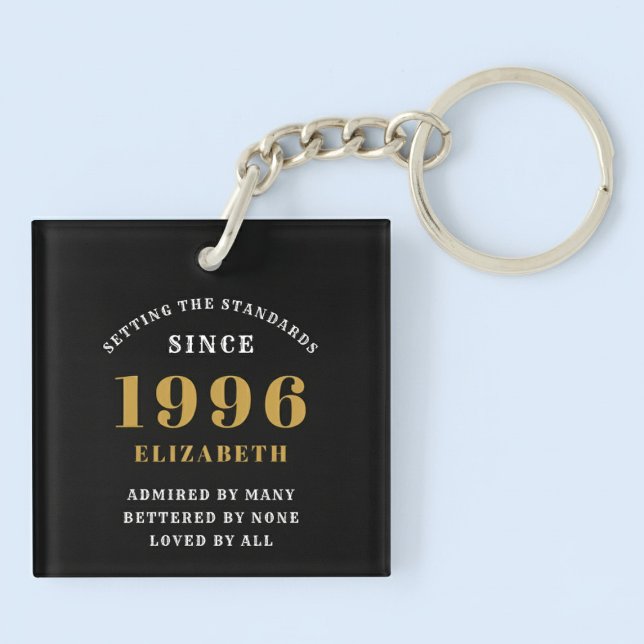 Llavero Cumpleaños 30 1996 Personalizado Negro Oro (Born 1996 birthday keychain. Pastel background.)