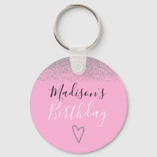 Llavero Cumpleaños Corazón Brillo Rosa Femenino Plateado