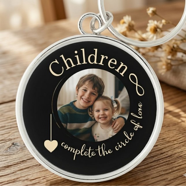 Llavero Cumpleaños de Mamá Círculo de Amor de Flores Silve (A whimsical 'Circle of Love' photo keychain for mom — perfect birthday gift idea.)