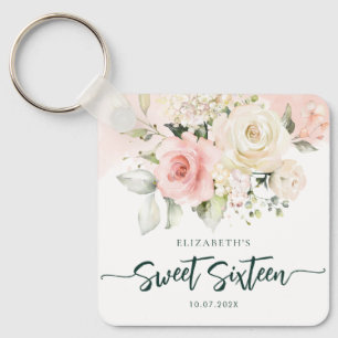 Llavero Cumpleaños personalizado de Sweet 16 con flores ro