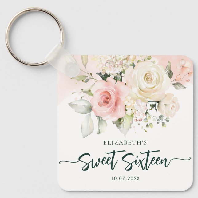 Llavero Cumpleaños personalizado de Sweet 16 con flores ro (Anverso)