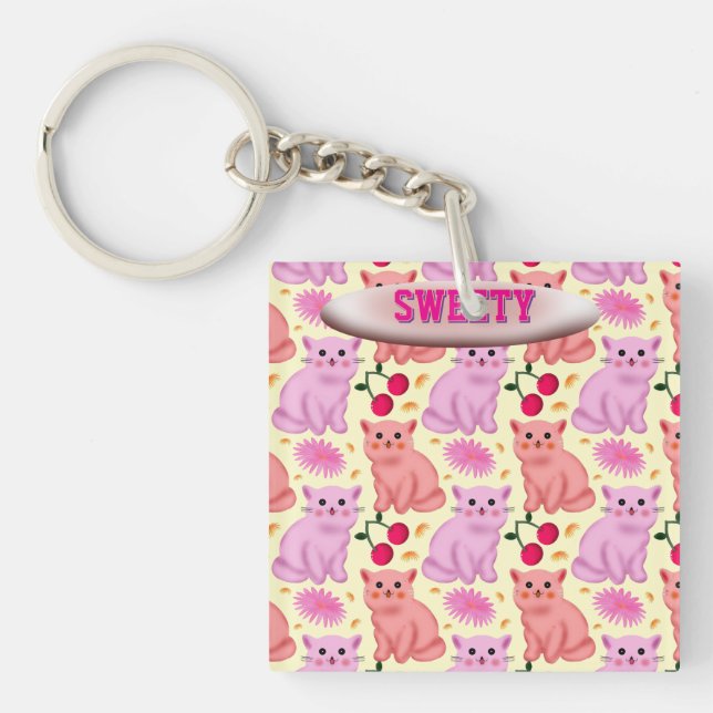 Llavero Custom Cute Cat Cherry Floral Pattern (Frente)