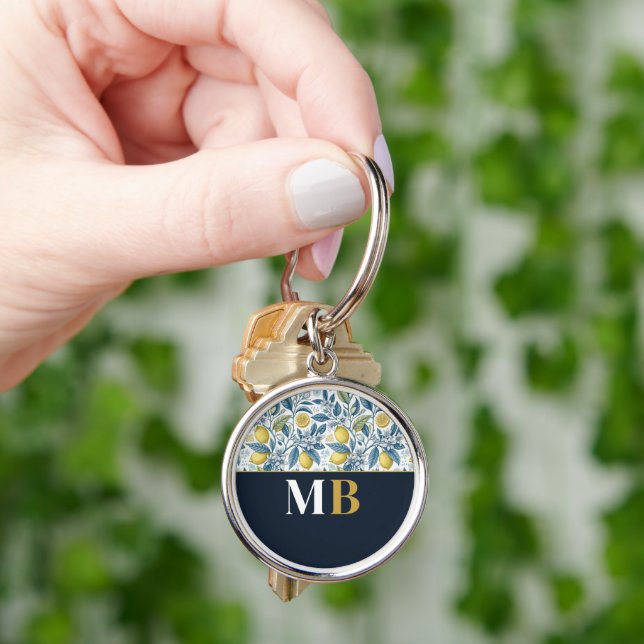 Llavero Custom Elegant Mediterranean Lemon Botanical Navy (Mano)