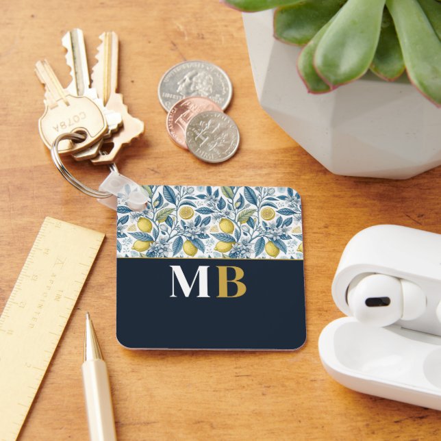 Llavero Custom Elegant Mediterranean Lemon Botanical Navy (Escritorio )
