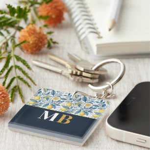 Llavero Custom Elegant Mediterranean Lemon Botanical Navy