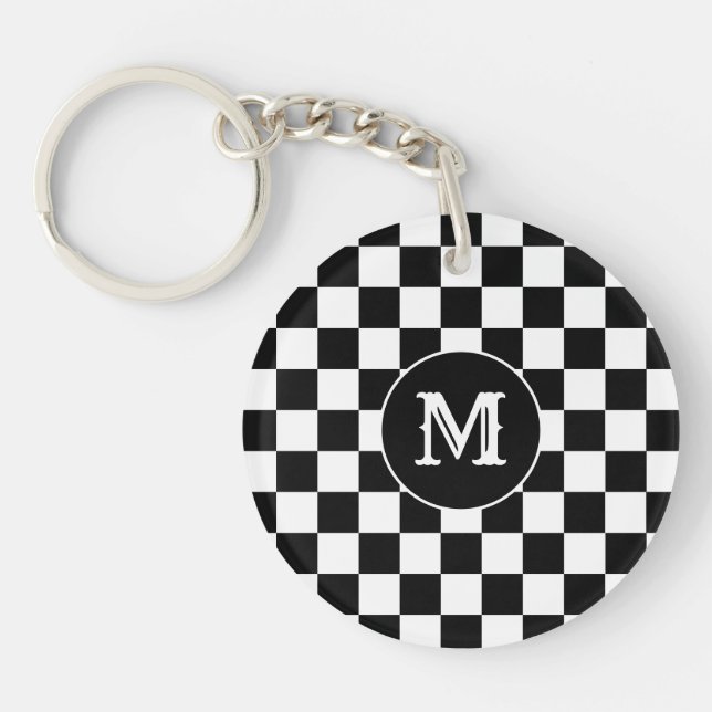 Llavero Custom Initial, Black White Checkered Keychain (Frente)