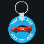 Llavero Custom kids racing car Birthday party<br><div class="desc">Custom kids racing car design Birthday party favor keychains. Personalized accessories for boy or girl Birthday party celebration. Add your own name,  funny quote or saying,  slogan etc. Cool sporty key chain template design for children. Blue or custom color background. Auto racing theme drawing with red racecar.</div>