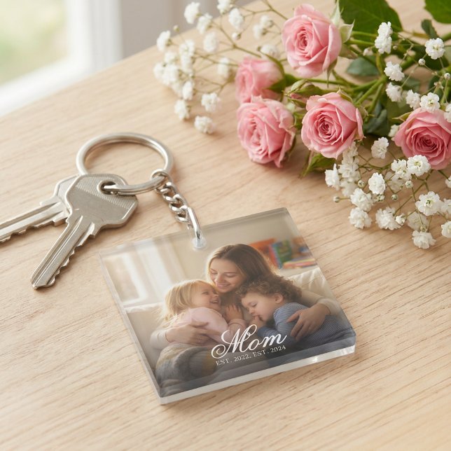 Llavero Custom Mom Photo Script Est Date Mother's Day (Mom Established White Elegant Script Photo Keychain )