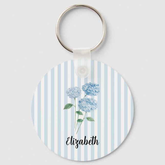 Llavero Custom Name Blue Hydrangea Painting Stripe (Anverso)