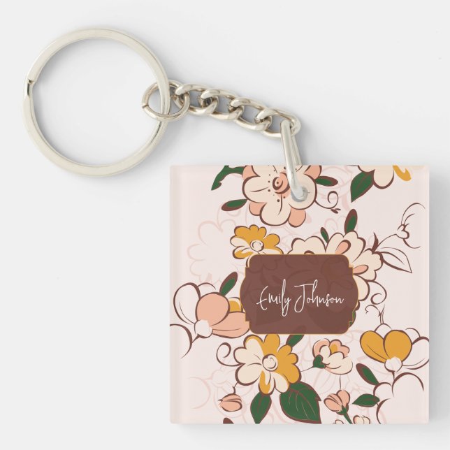 Llavero Custom Name Bohemian Peach Floral Script Name (Frente)