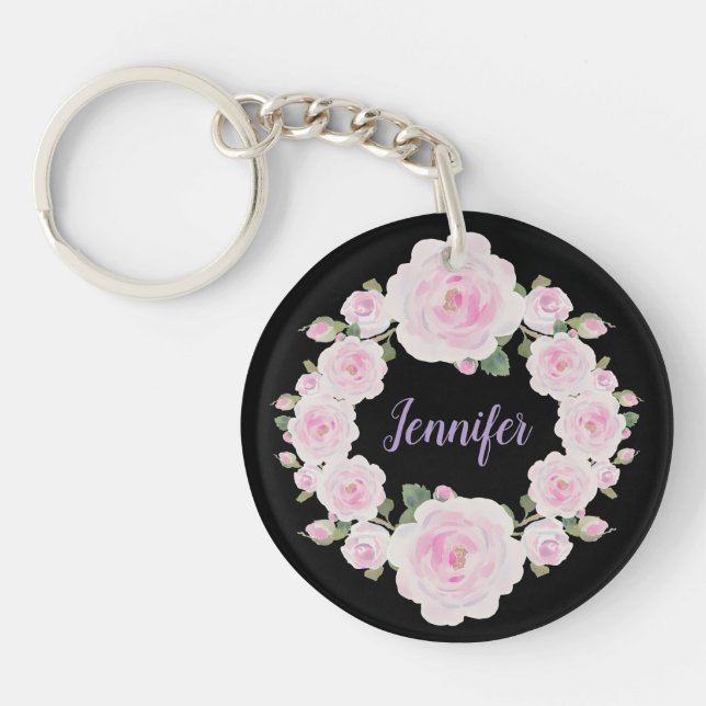 Llavero Custom Name, Pink Roses Wreath Acrylic Keychain (Frente)