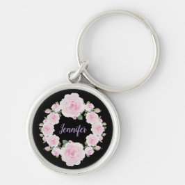 Llavero Custom Name, Soft Pink Roses Wreath Metal Keychain