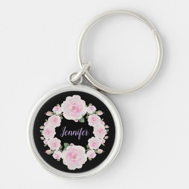 Llavero Custom Name, Soft Pink Roses Wreath Metal Keychain (Frente)