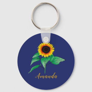 Llavero Custom Navy Blue Gold Script Watercolor Sunflower