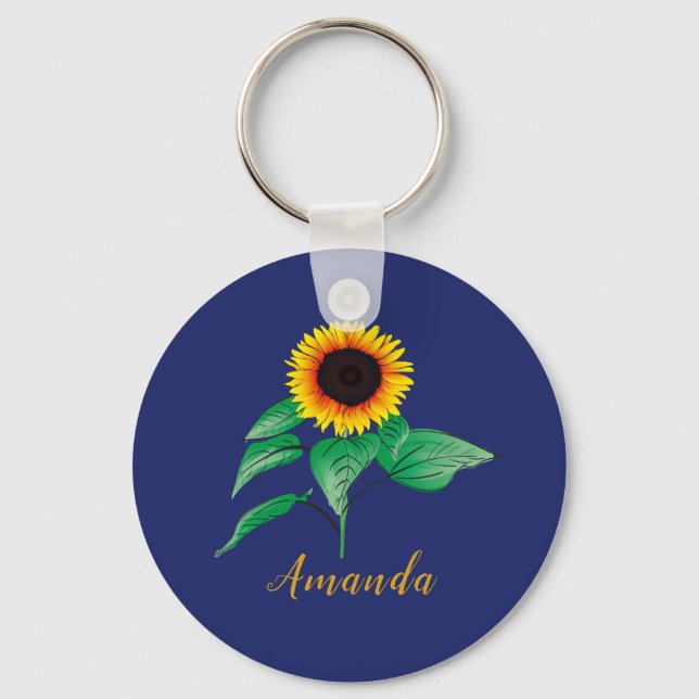 Llavero Custom Navy Blue Gold Script Watercolor Sunflower (Anverso)