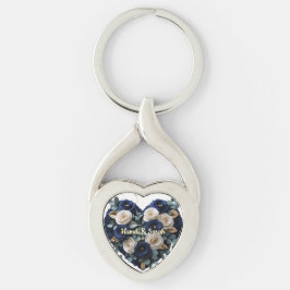 Llavero Custom Navy Gold Floral Monogram Heart Keychain