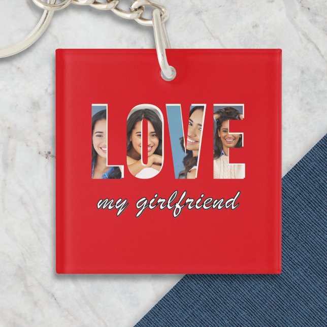 Llavero Custom Photos Love My Girlfriend Stylish Red (A red keyring with the word 'LOVE', with custom photo in each letter, and 'my girlfriend' underneath)