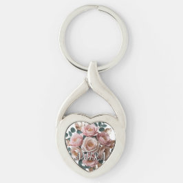 Llavero Custom Rose Gold Floral Monogram Heart Keychain