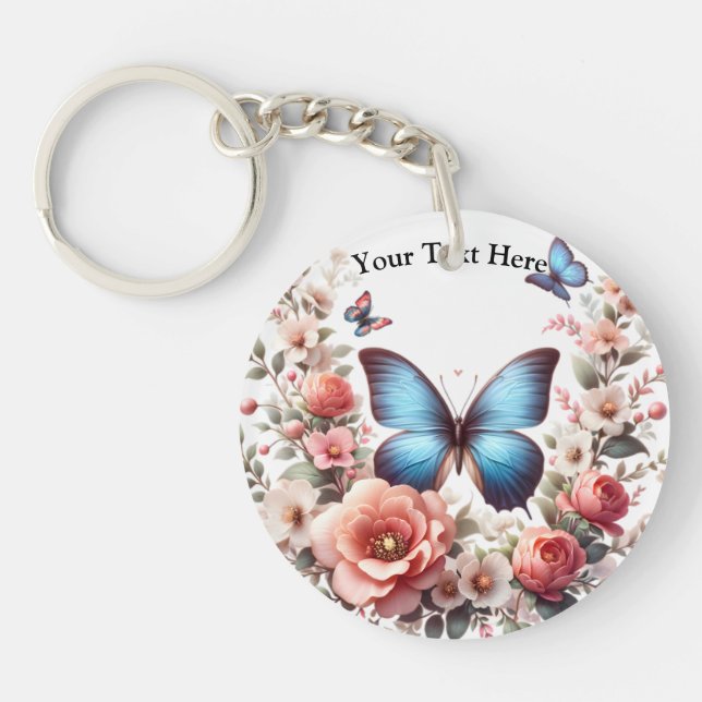 Llavero Customizable Blue Butterfly Floral Art-96279 (Frente)