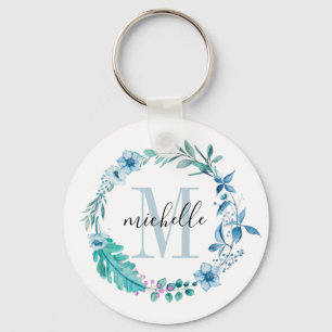 Llavero Customizable Floral Monogram Blue Spring