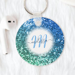 Llavero Customized Blue Glitter Mermaid Monogram Name<br><div class="desc">Easily personalize this beautiful sparkly blue faux glitter keychain with your custom handwritten script monogram and name.</div>
