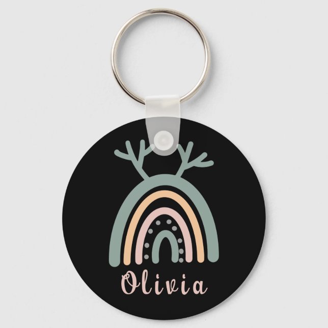Llavero Cuta arcoiris boho con nombre personalizado (Anverso)
