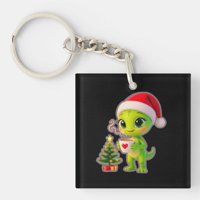 Llavero **Cute 3D Green Alien in Santa Hat with Hot Chocol (Frente)